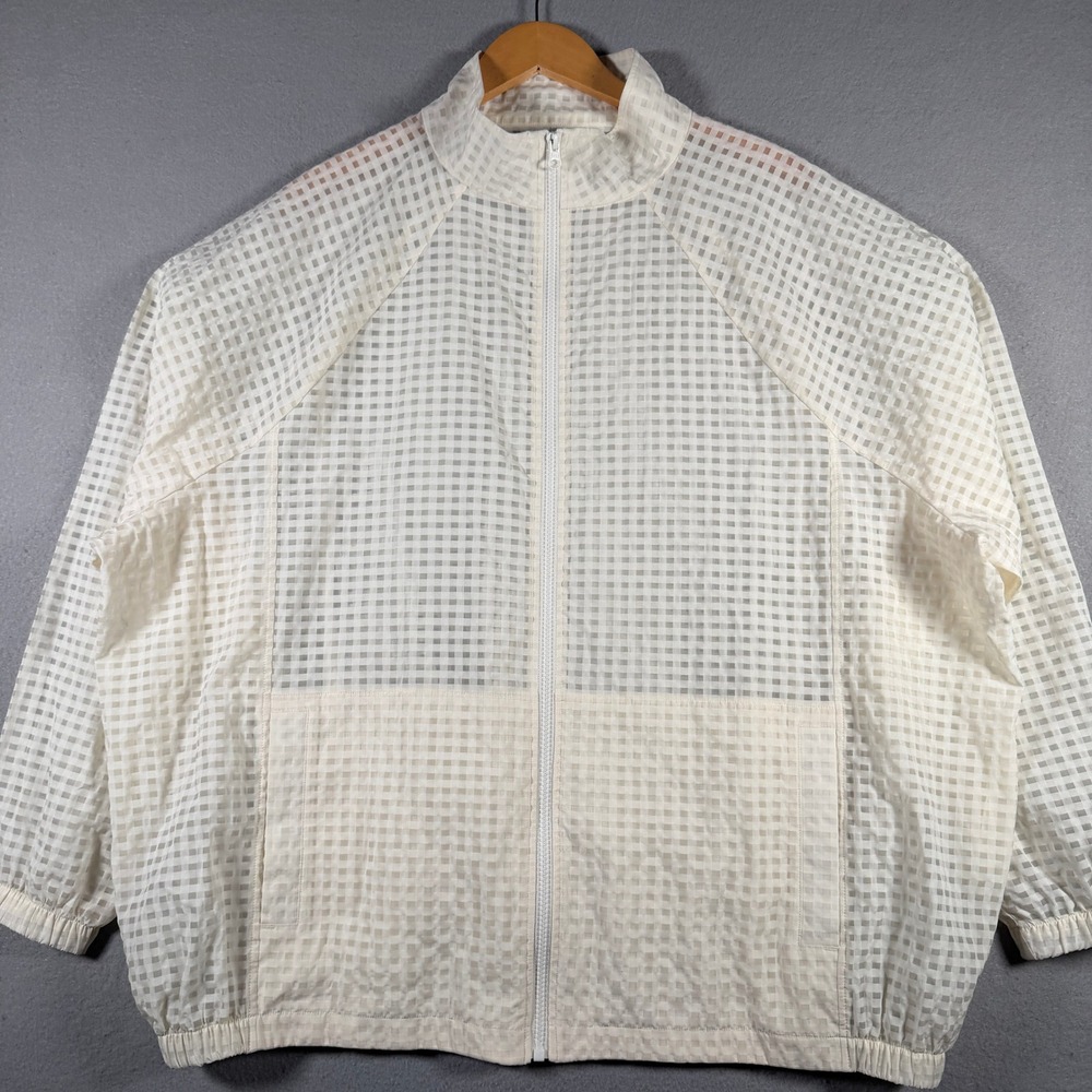 Fabletics Womens 1X Cream Grid Semi-Sheer Full Zip Windbreaker Jacket Mock Neck